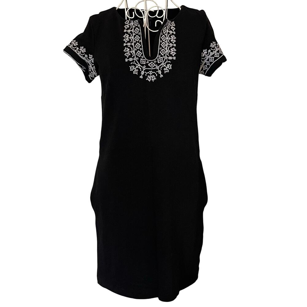 Talbots Dress Knit Casual Short Dress Black Pockets White Embroidery‎ P Boho
XS